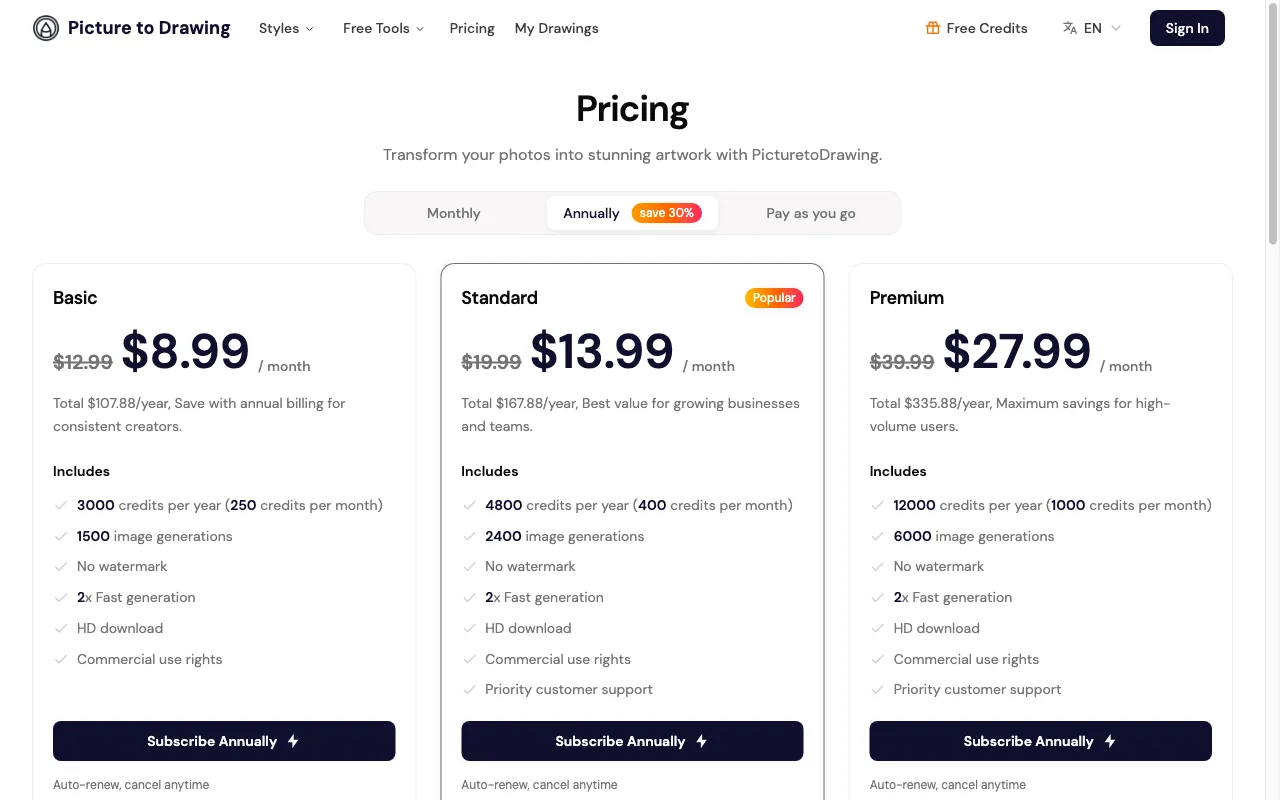 Picture to Drawing — pricing page