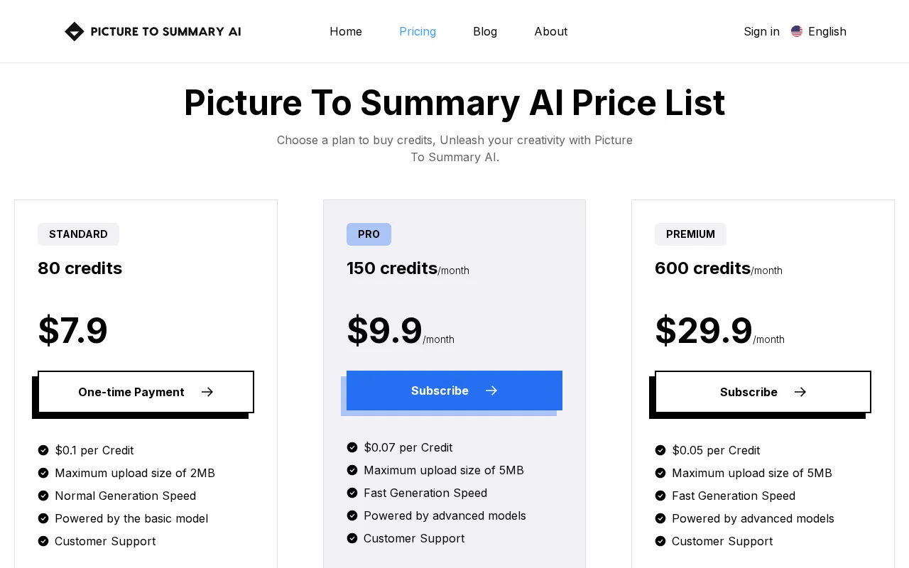 Picture To Summary AI — pricing page