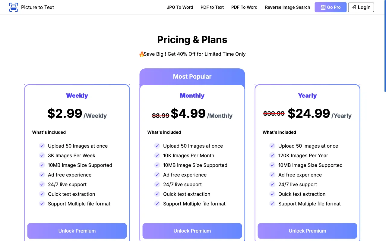 Picture To Text — pricing page