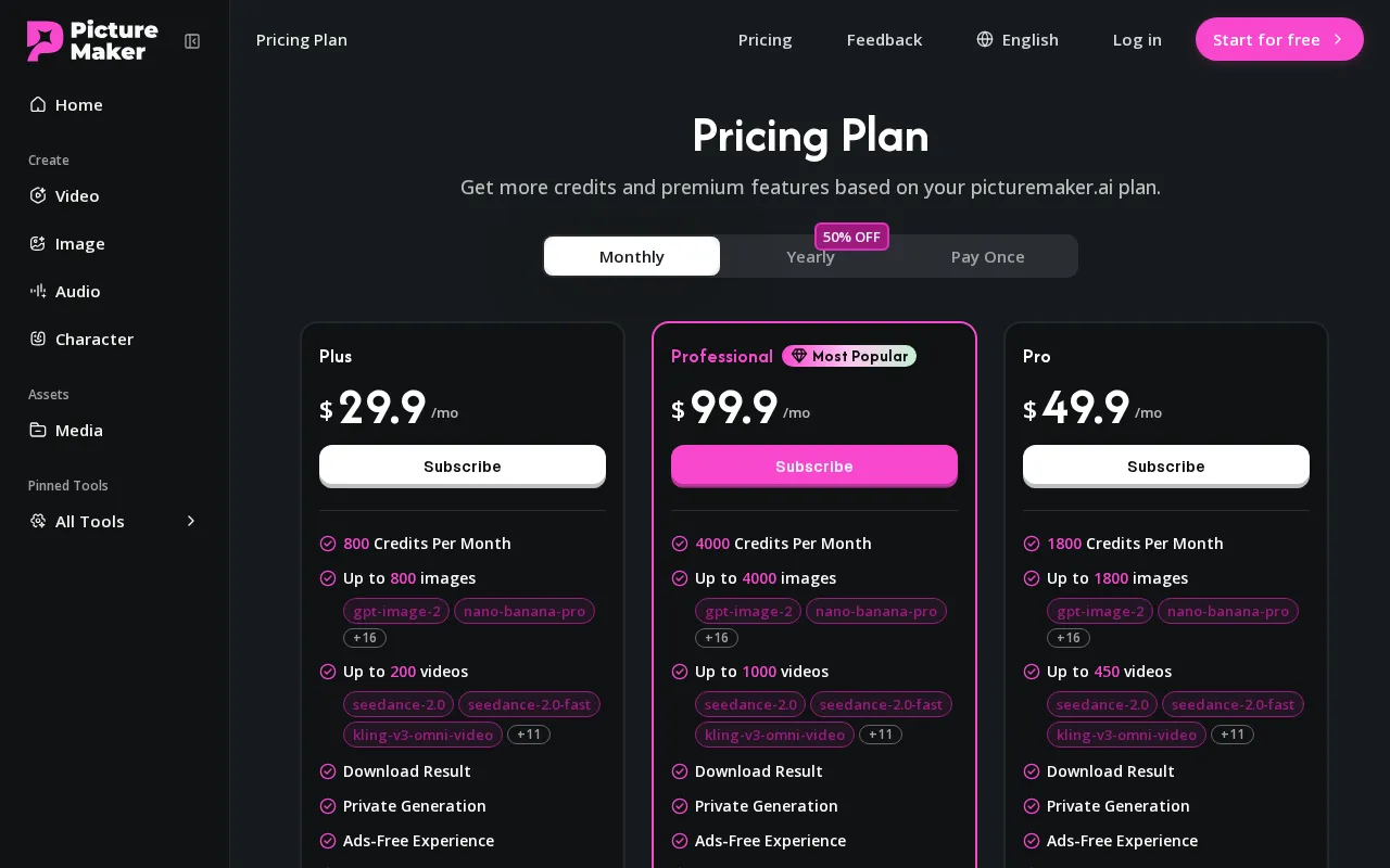 PictureMaker AI — pricing page