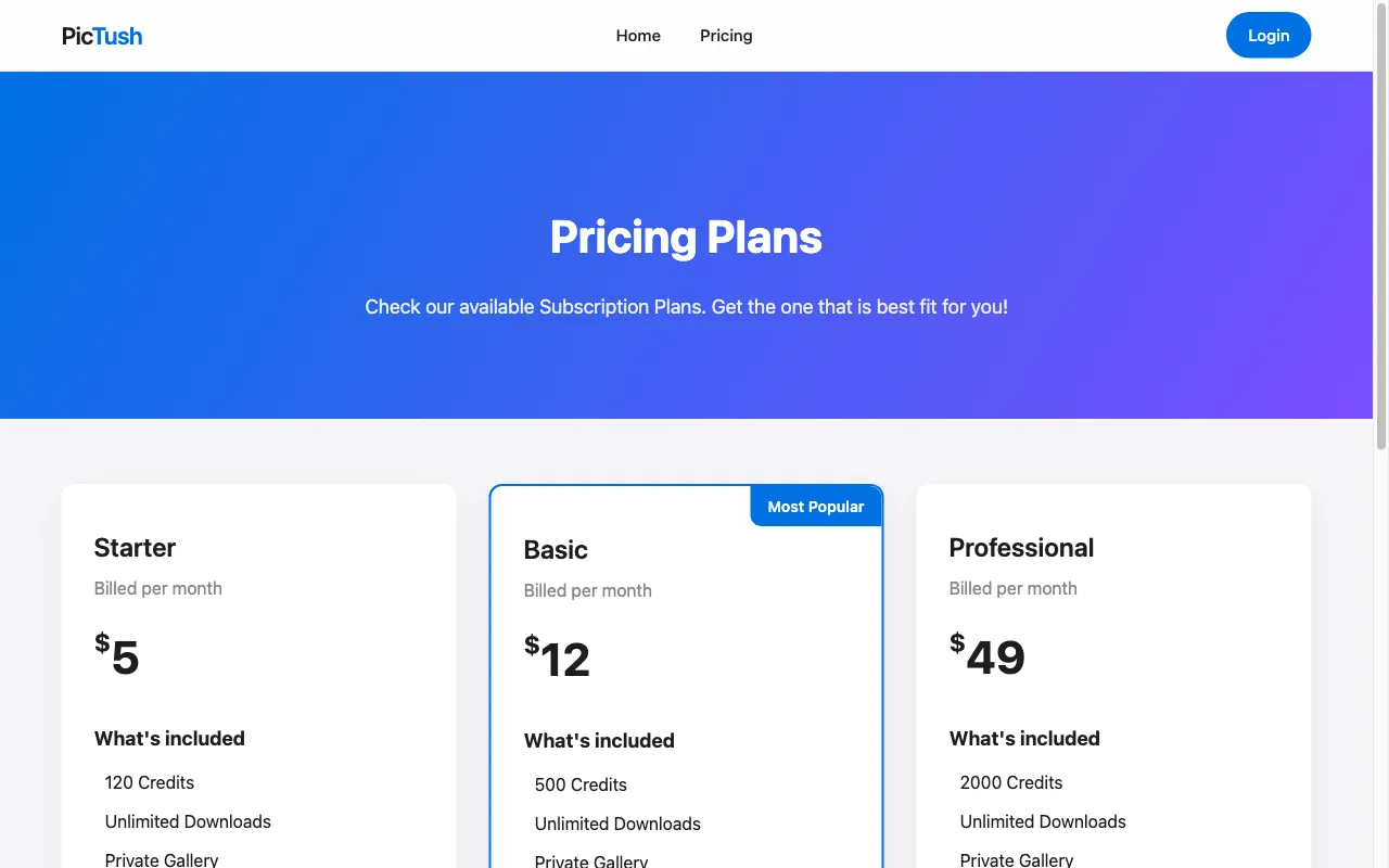 PicTush — pricing page
