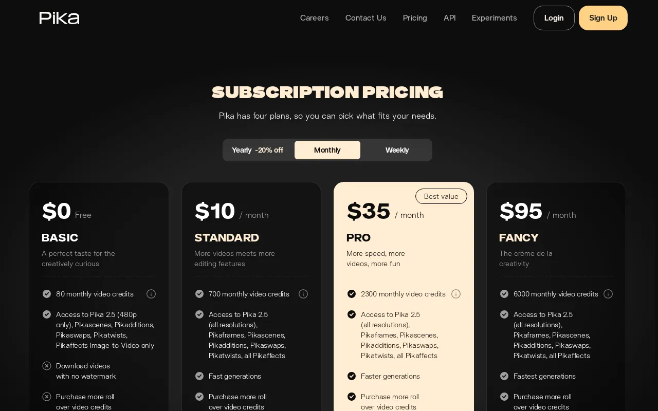 Pika Labs — pricing page