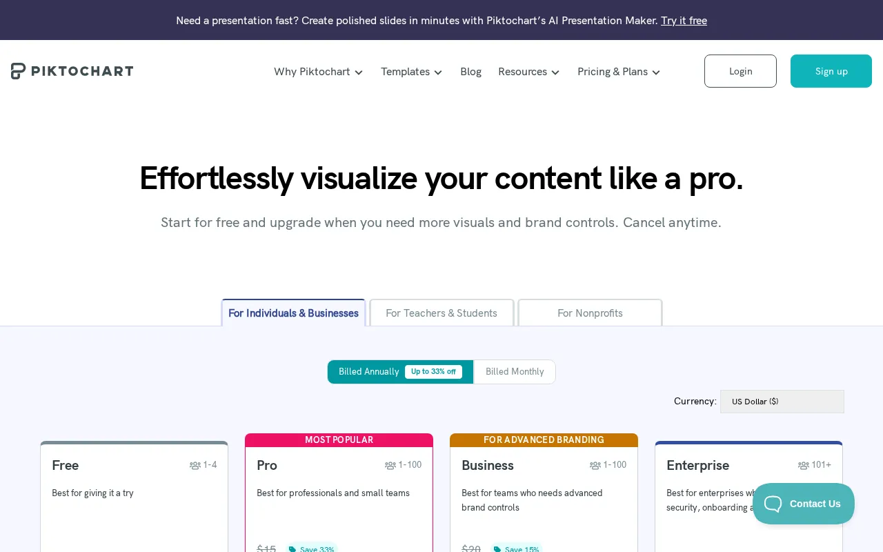 Piktochart — pricing page