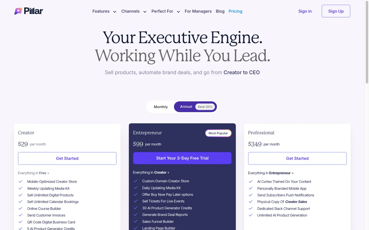 Pillar — pricing page