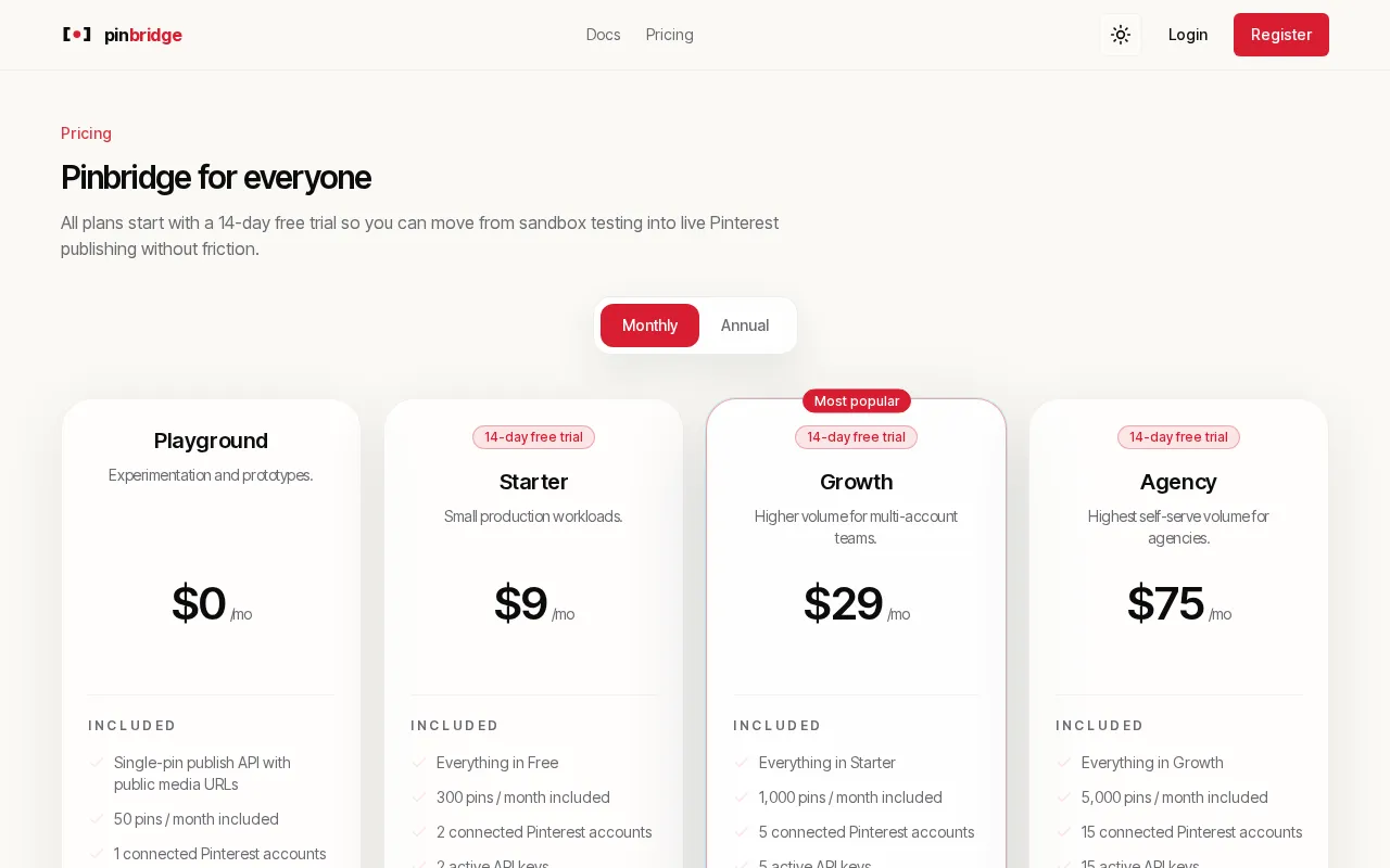 Pinbridge — pricing page