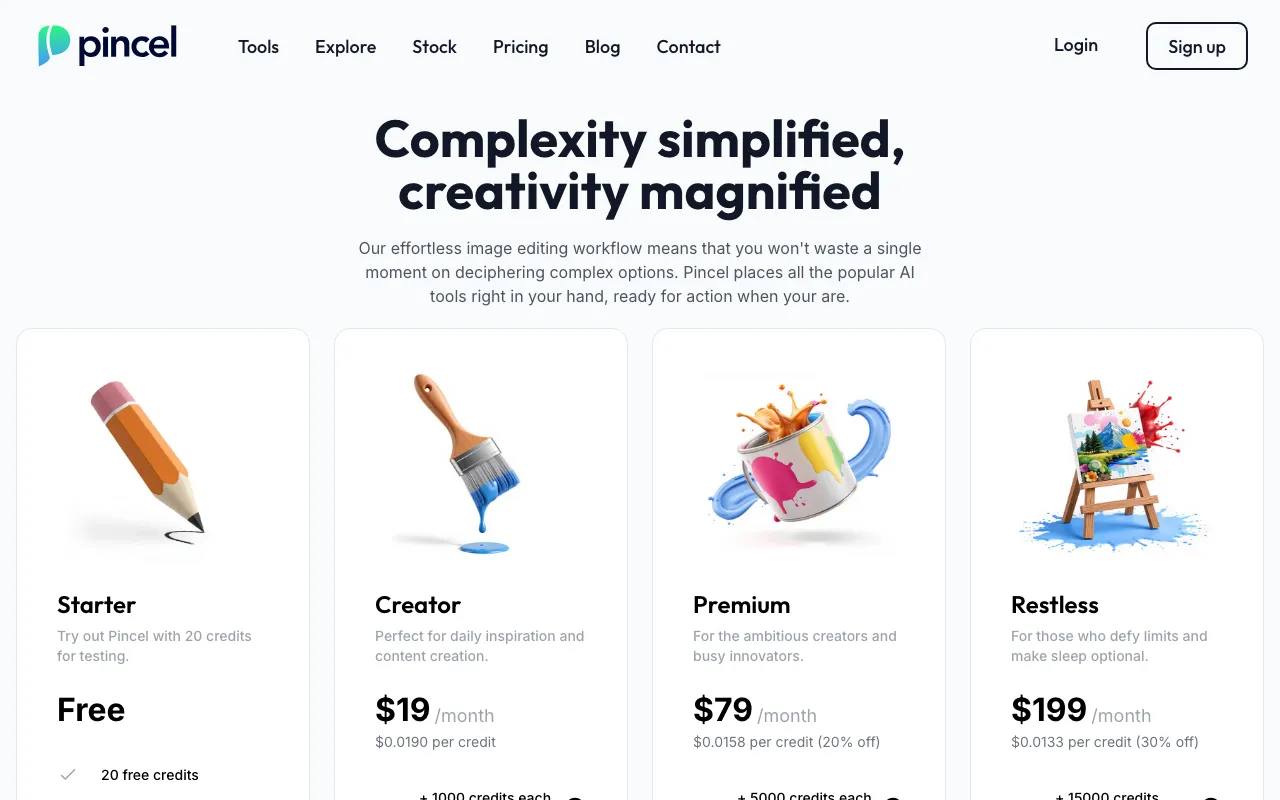 Pincel app — pricing page