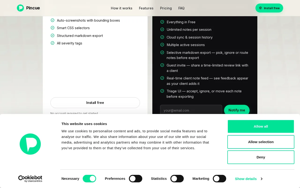 Pincue — pricing page
