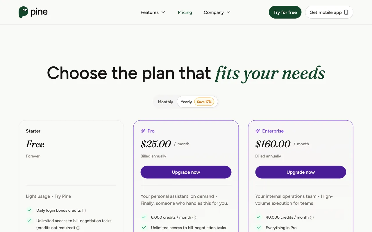 Pine — pricing page