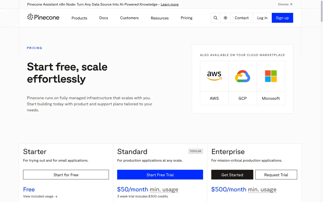 Pinecone — pricing page
