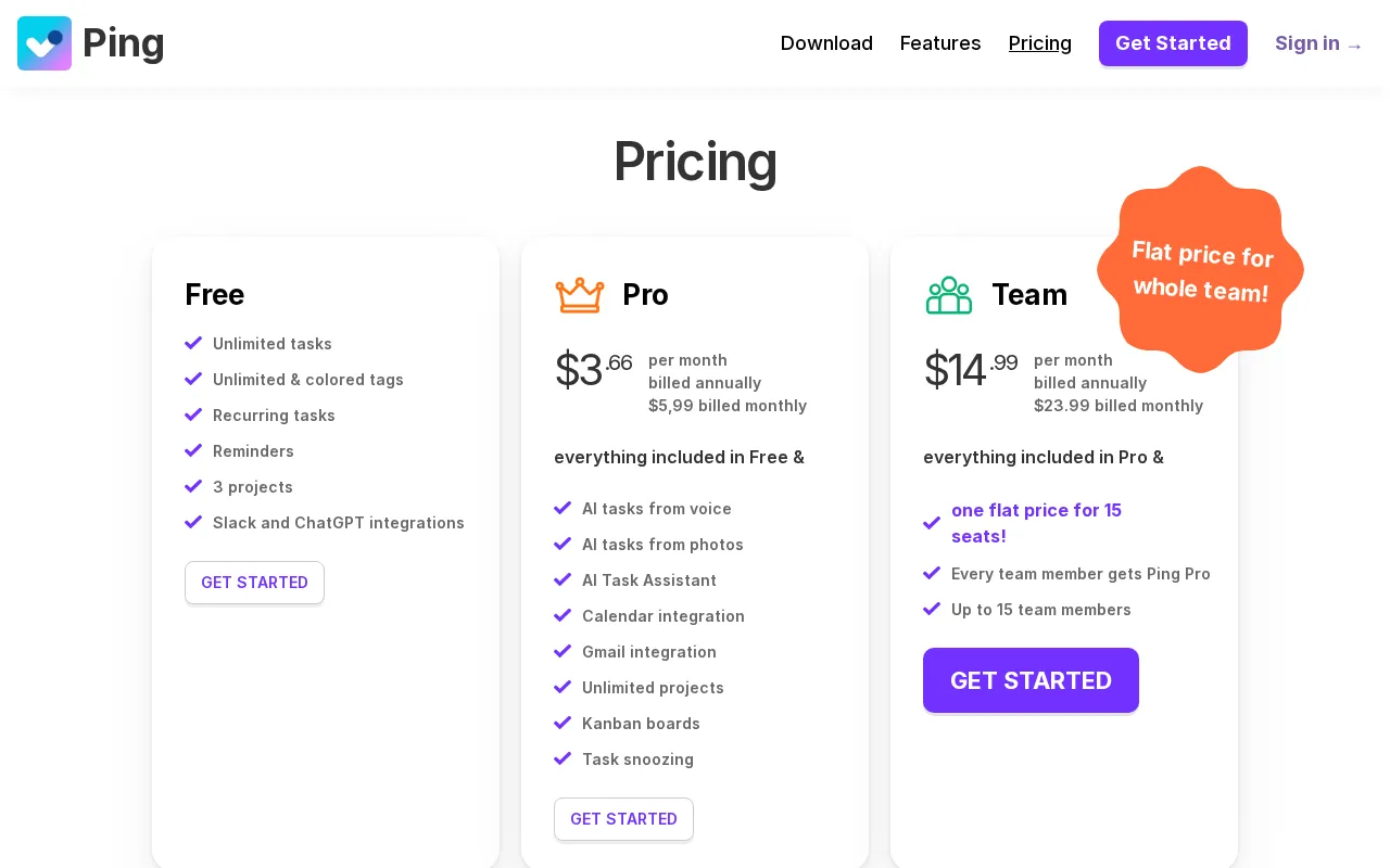 Ping — pricing page