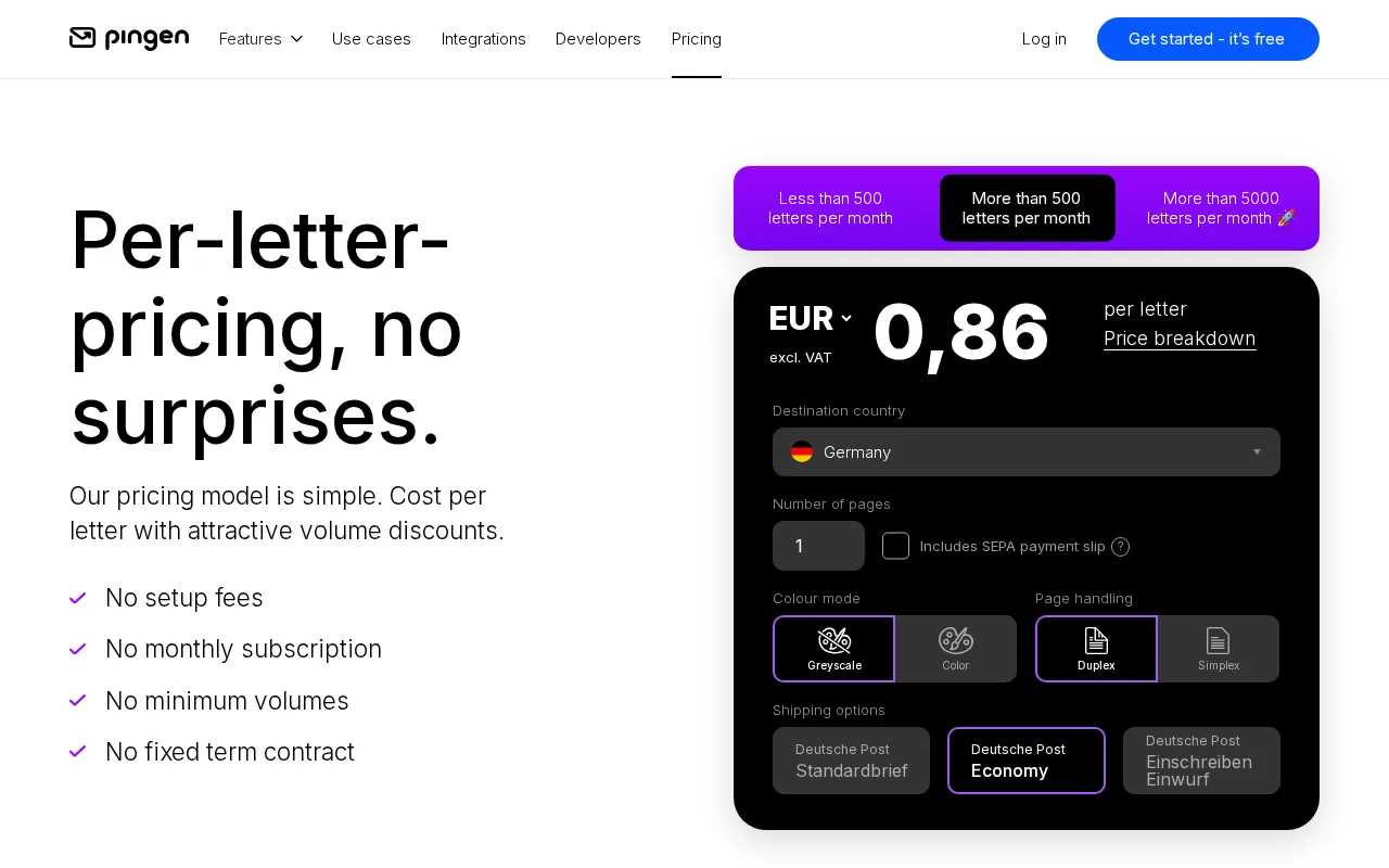 Pingen — pricing page