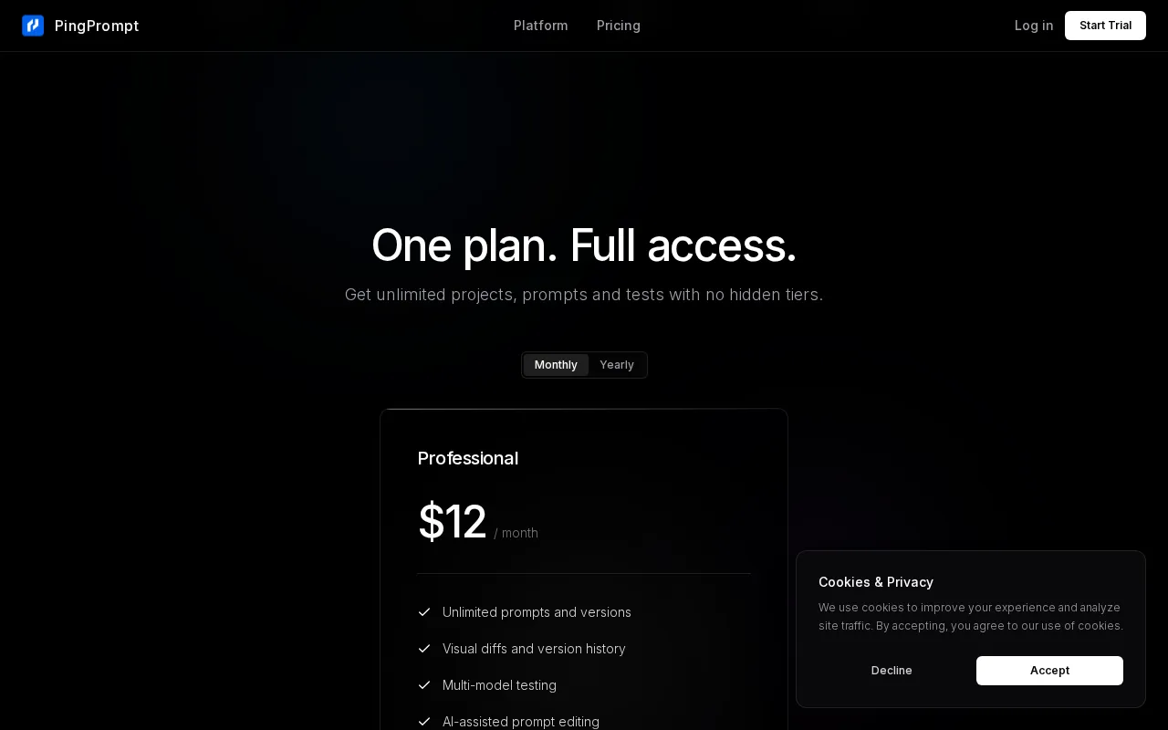 PingPrompt — pricing page
