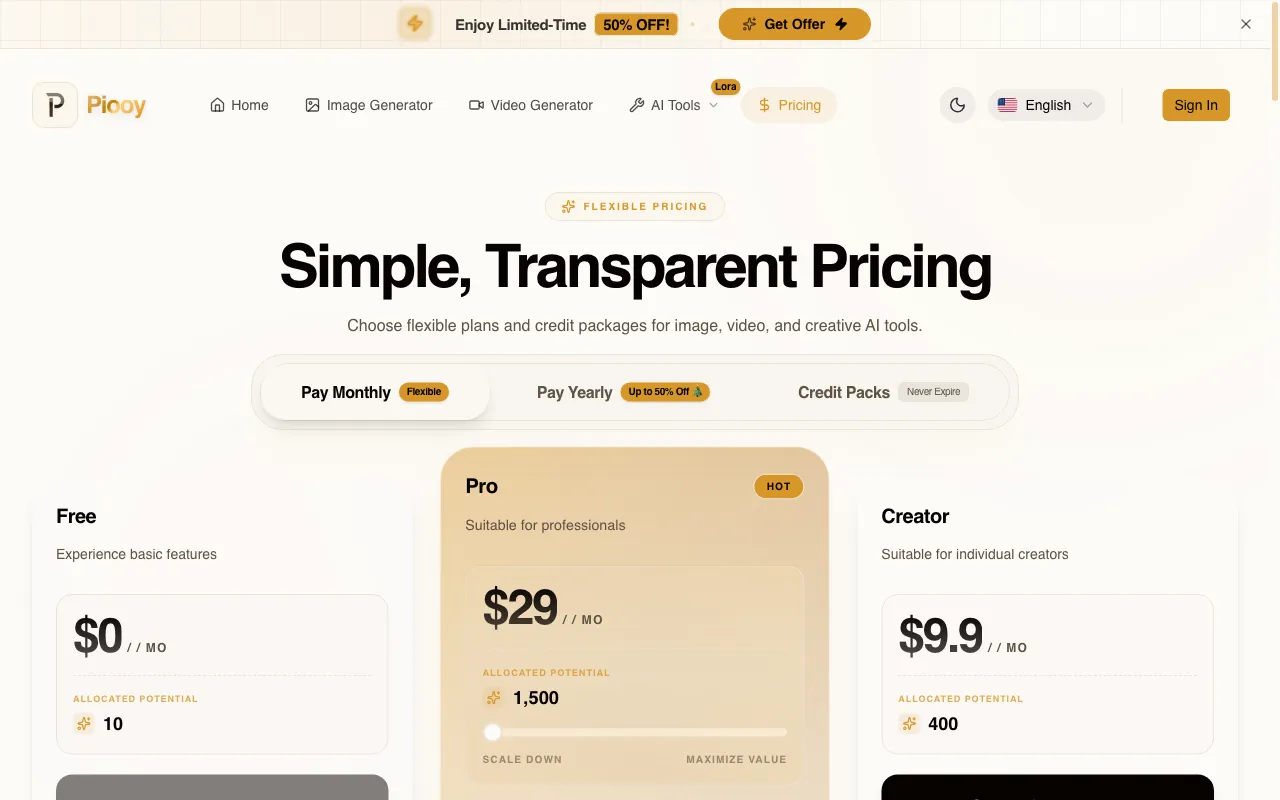 Piooy — pricing page