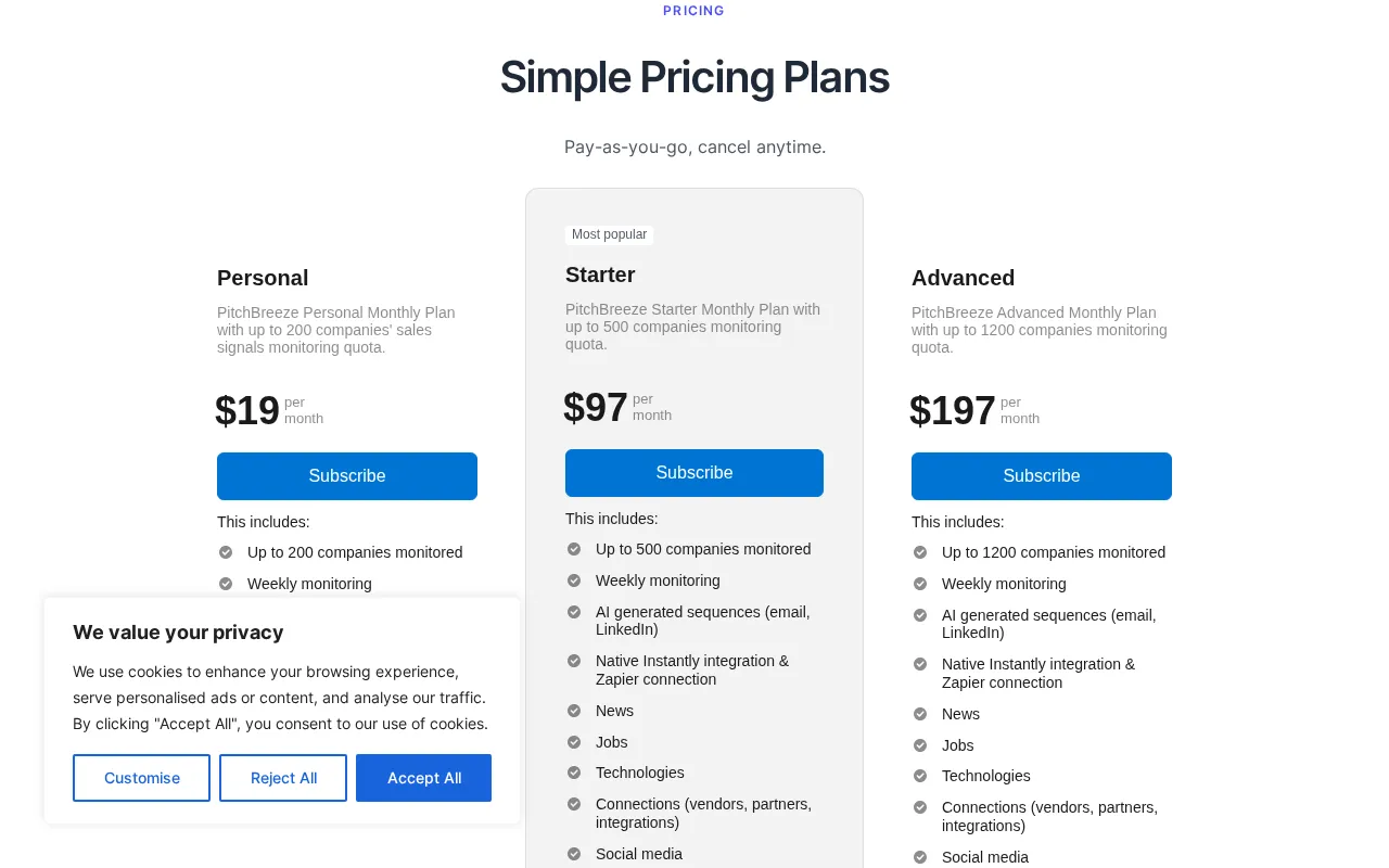 PitchBreeze — pricing page