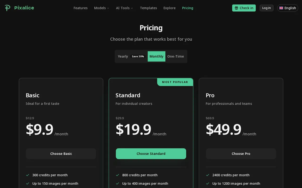 Pixalice — pricing page