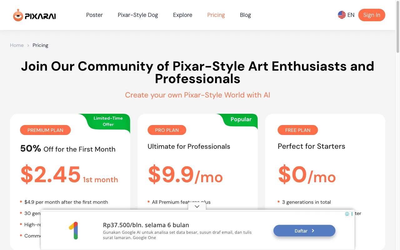 PixarAI — pricing page