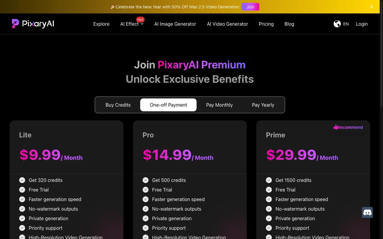 PixaryAI — pricing page