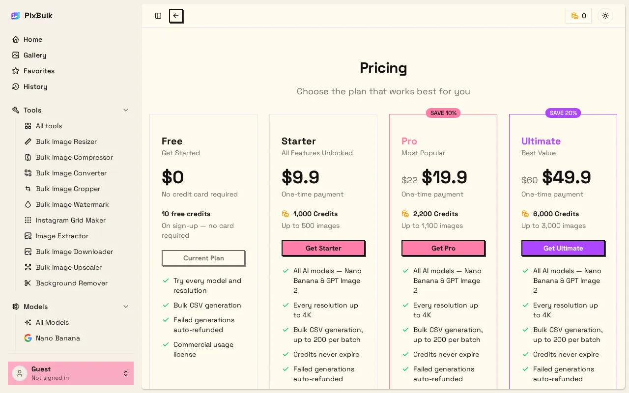 PixBulk — pricing page
