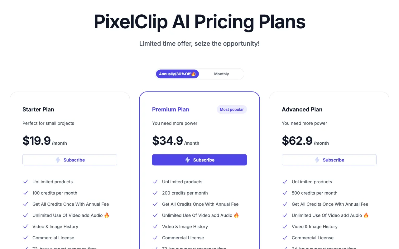 PixelClip AI — pricing page