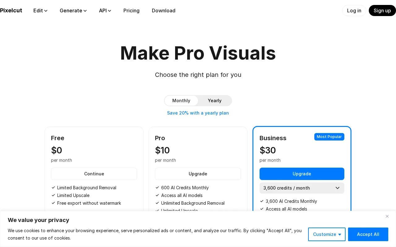 Pixelcut — pricing page