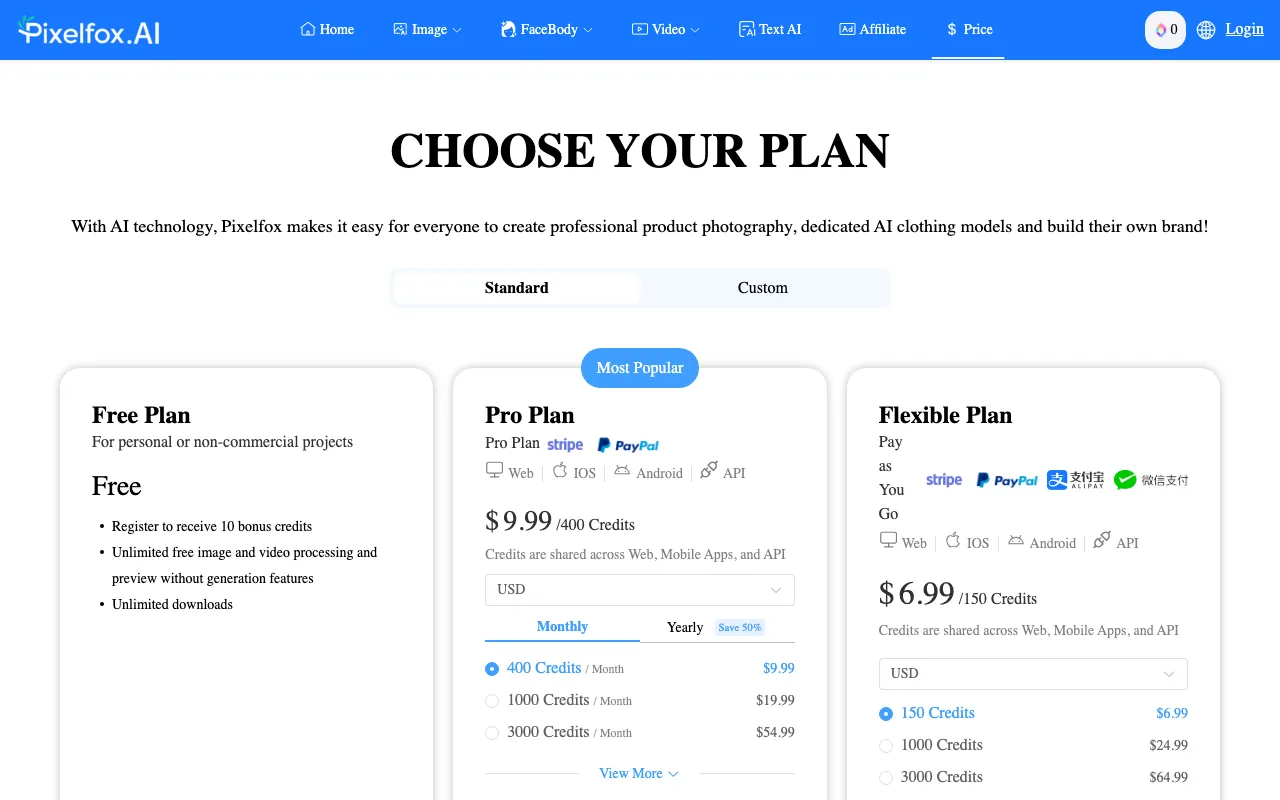 Pixelfox AI — pricing page