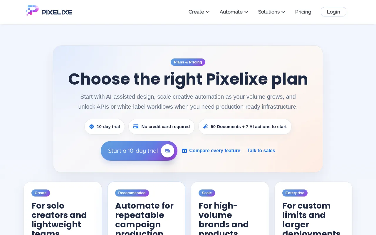 Pixelixe — pricing page