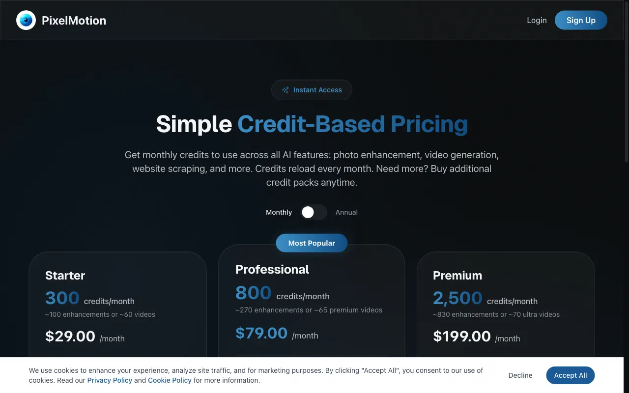 PixelMotion — pricing page