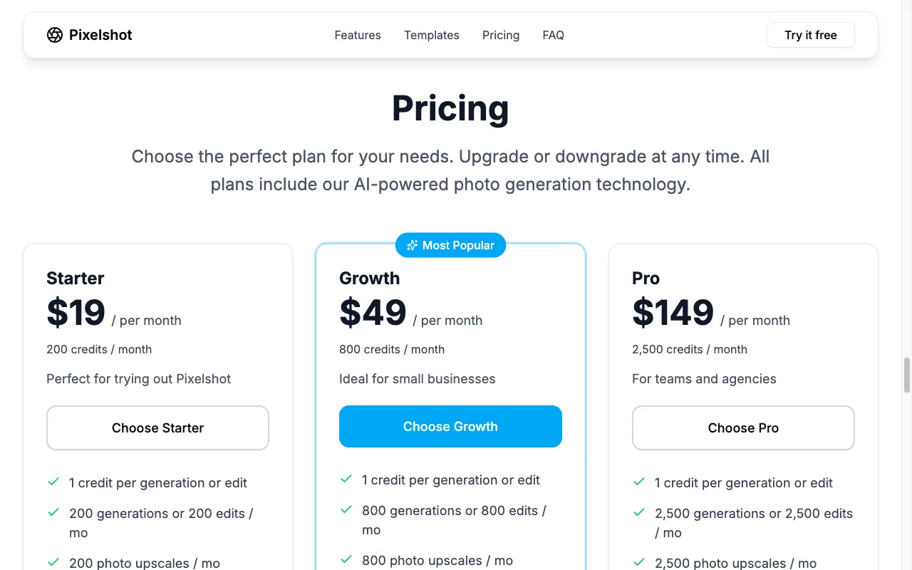 Pixelshot — pricing page