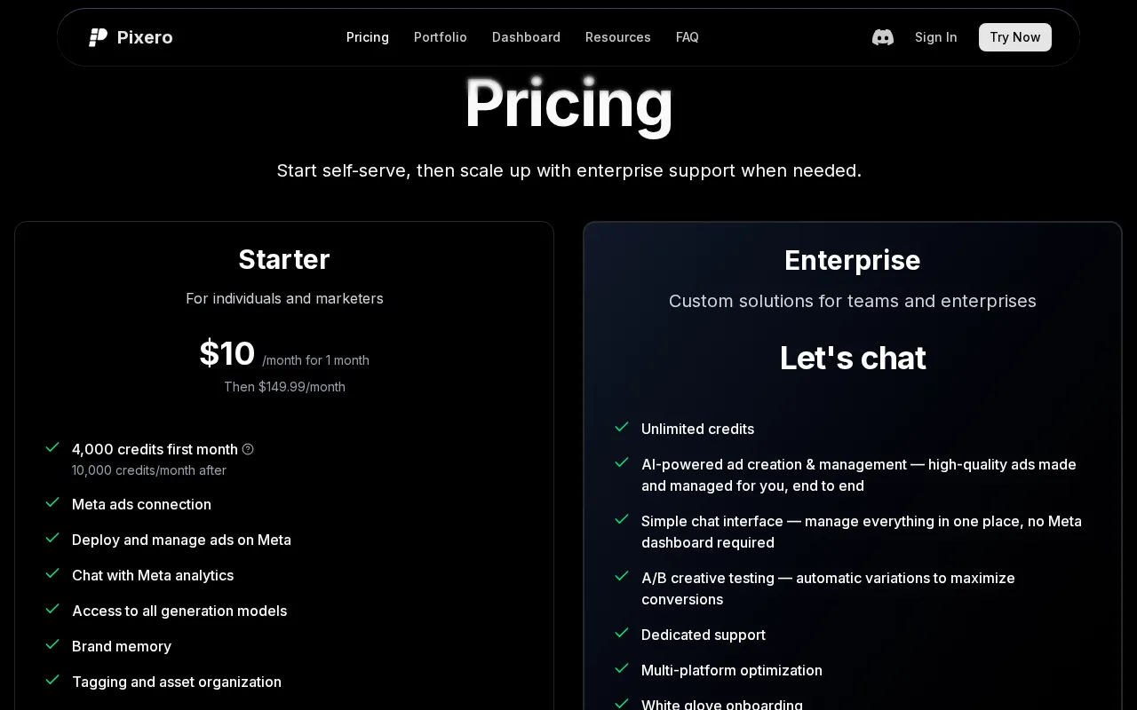 Pixero — pricing page