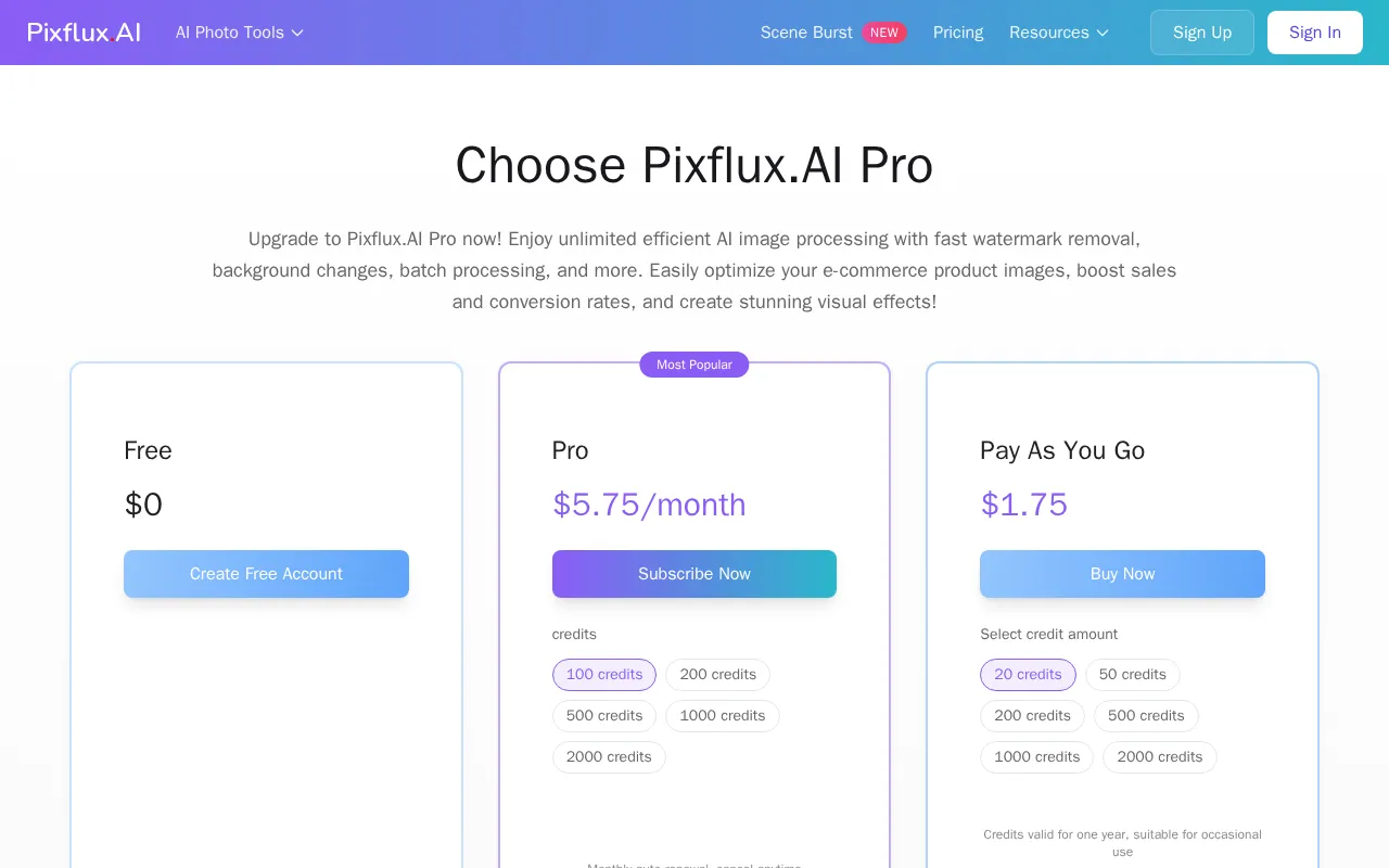 Pixflux.AI — pricing page