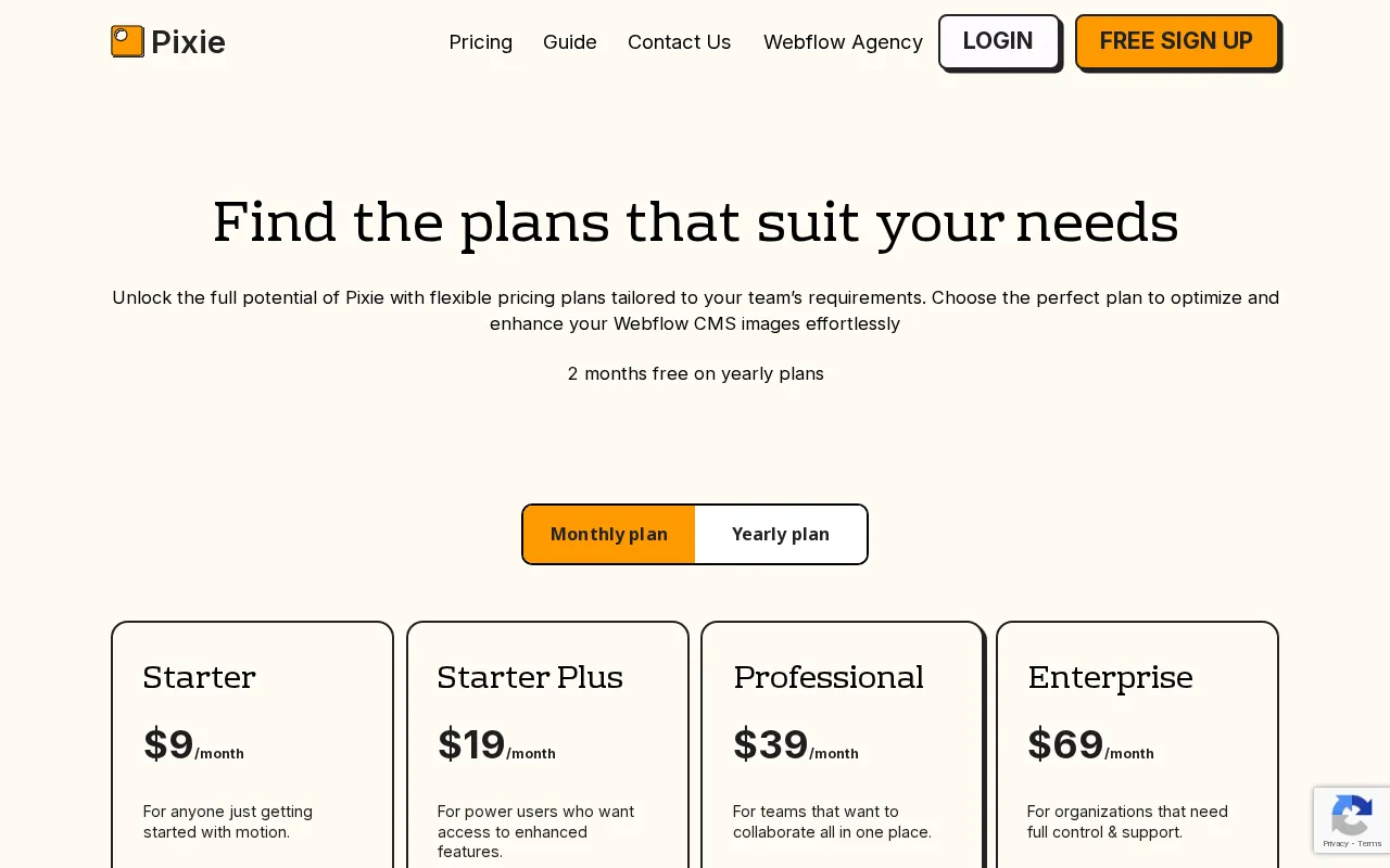Pixie for Webflow — pricing page
