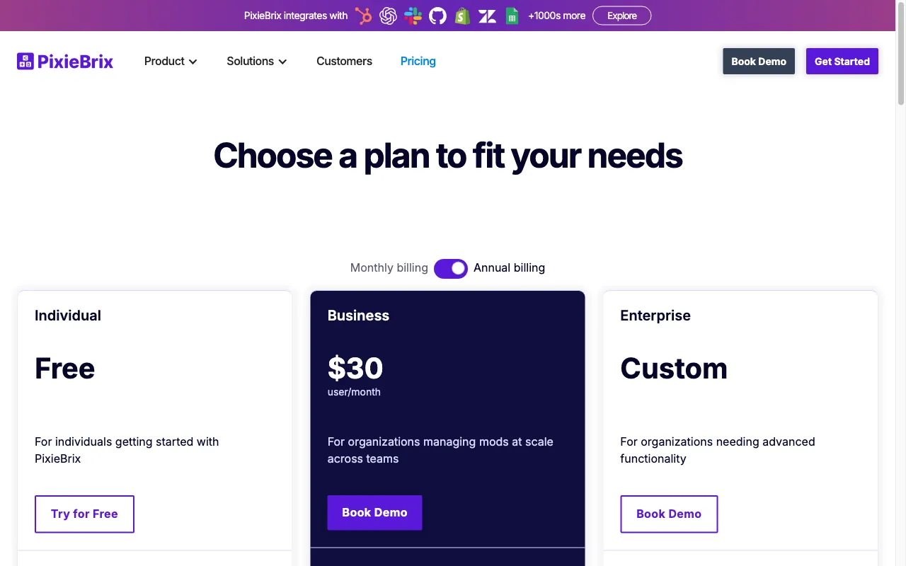 PixieBrix — pricing page