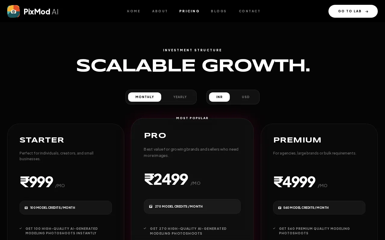 PixMod AI — pricing page