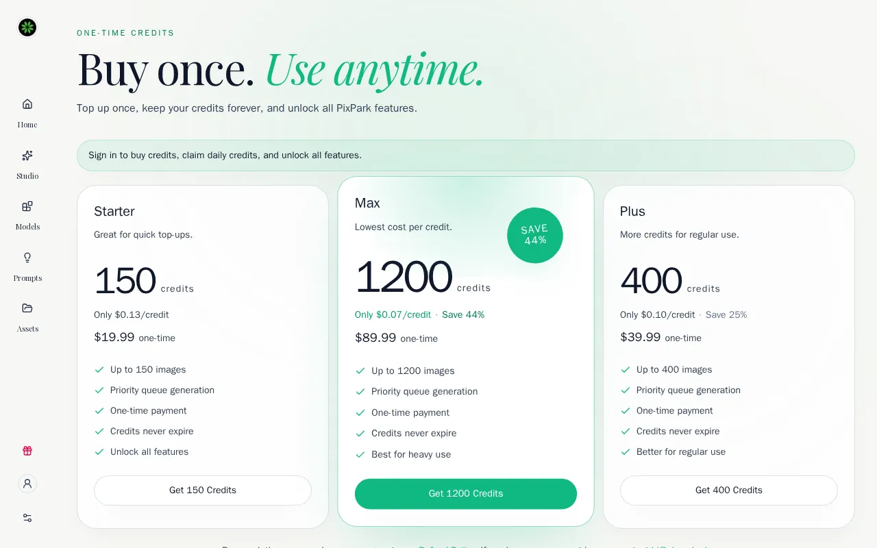 PixPark AI — pricing page