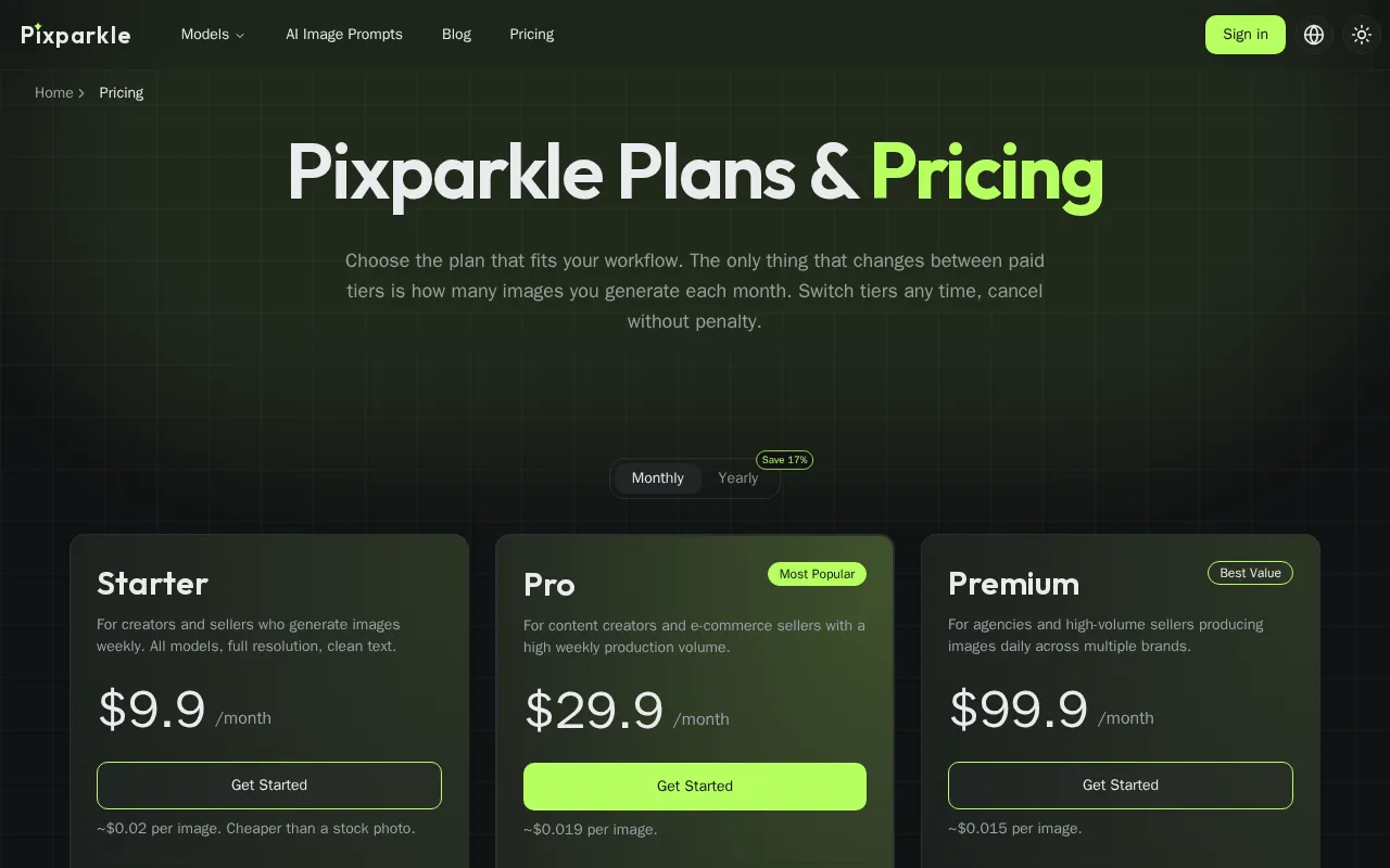 Pixparkle — pricing page