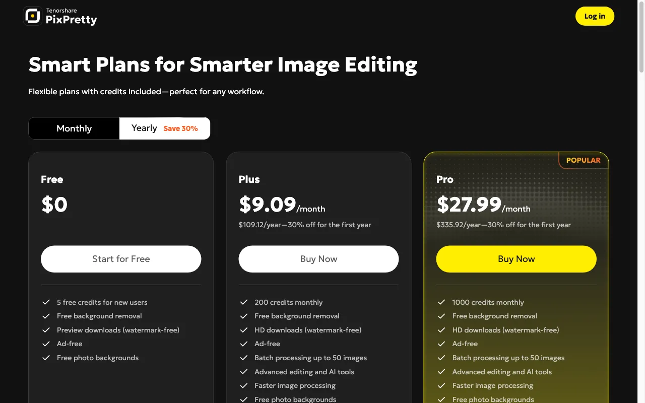 PixPretty — pricing page