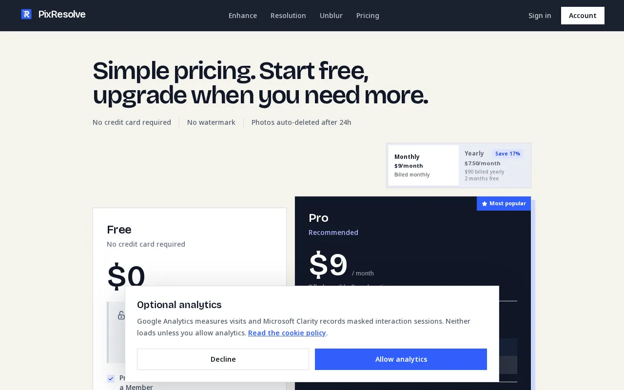 PixResolve — pricing page