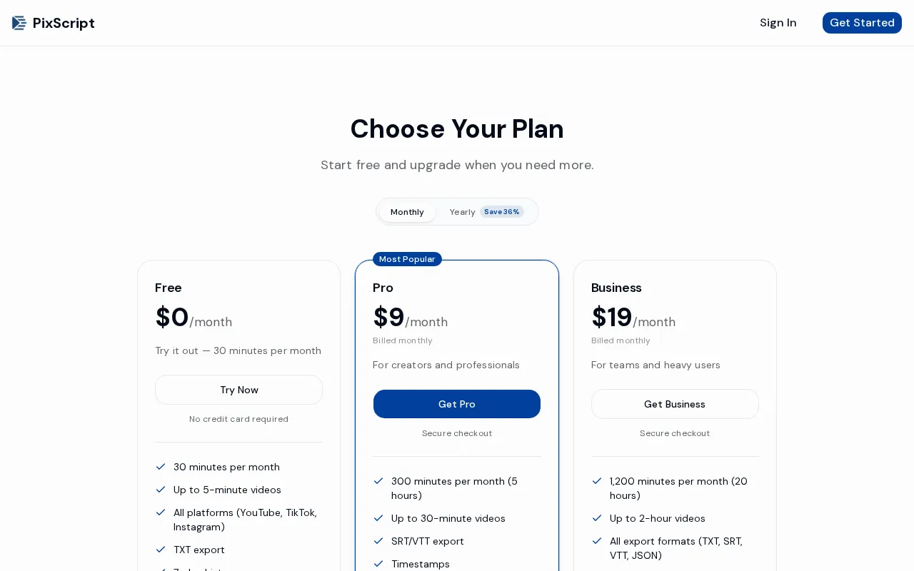 PixScript — pricing page