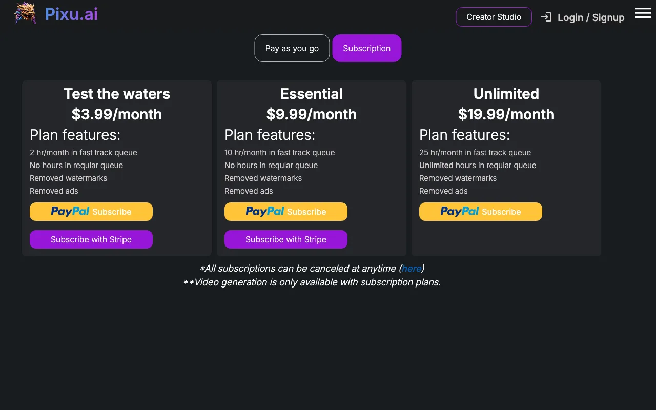 Pixu AI — pricing page