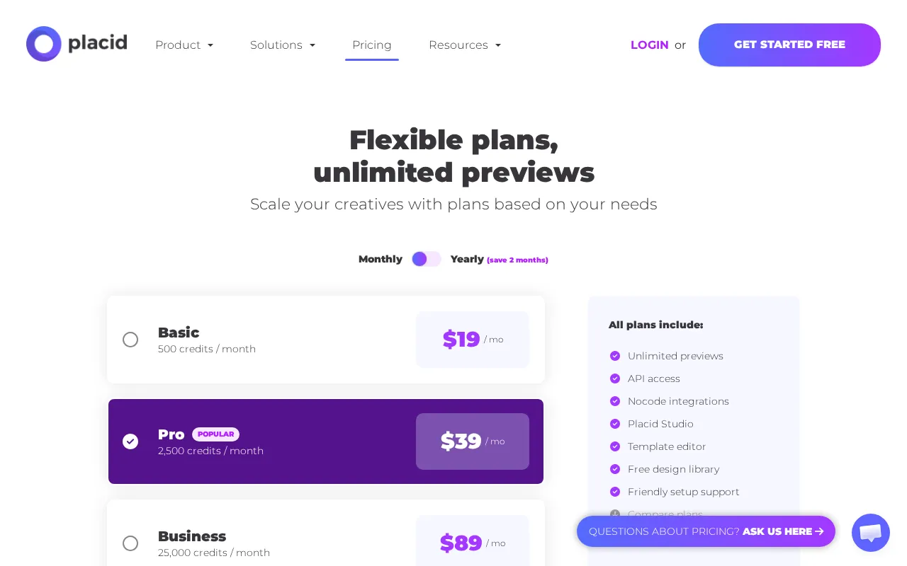 Placid — pricing page