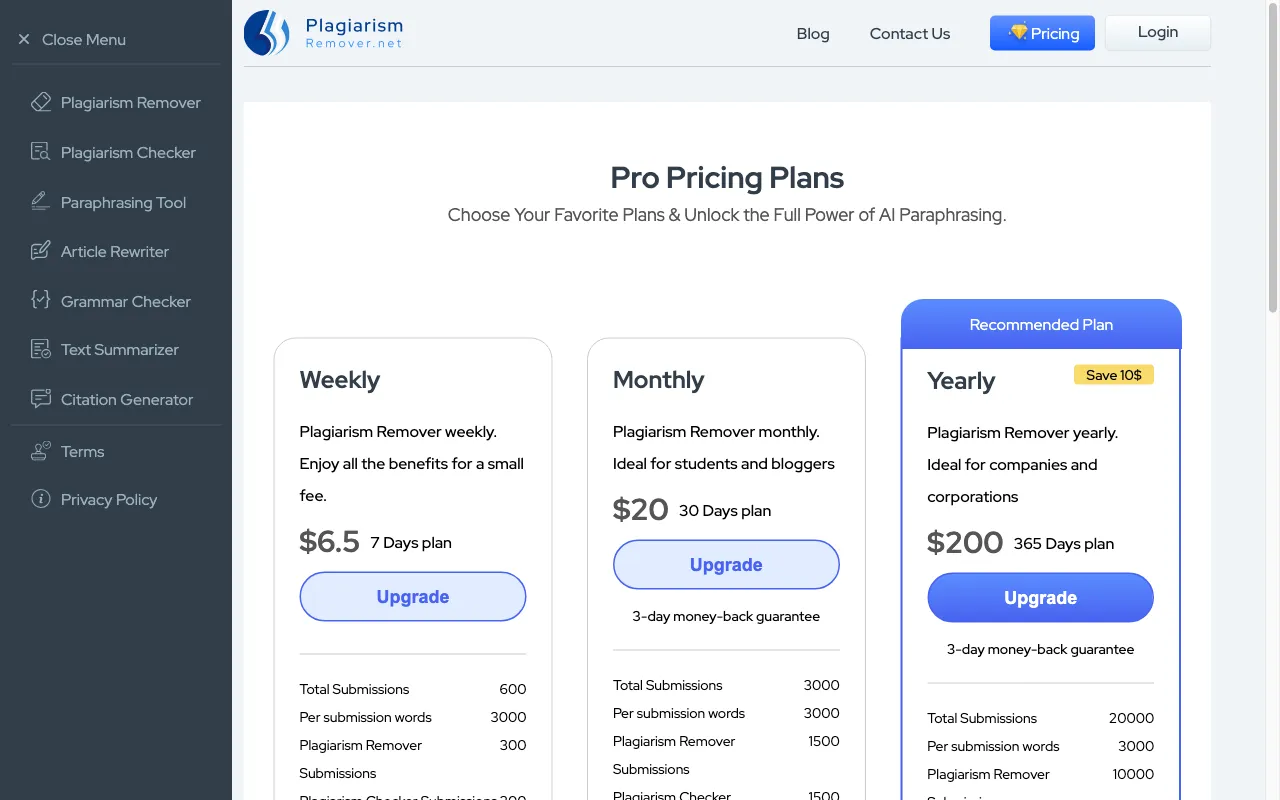 Plagiarism Remover — pricing page