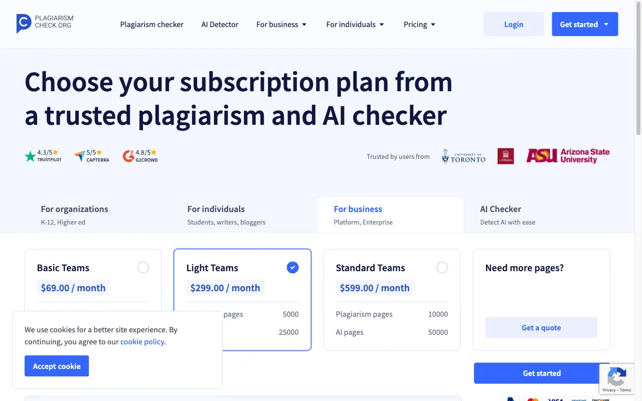 Plagiarismcheck.org — pricing page