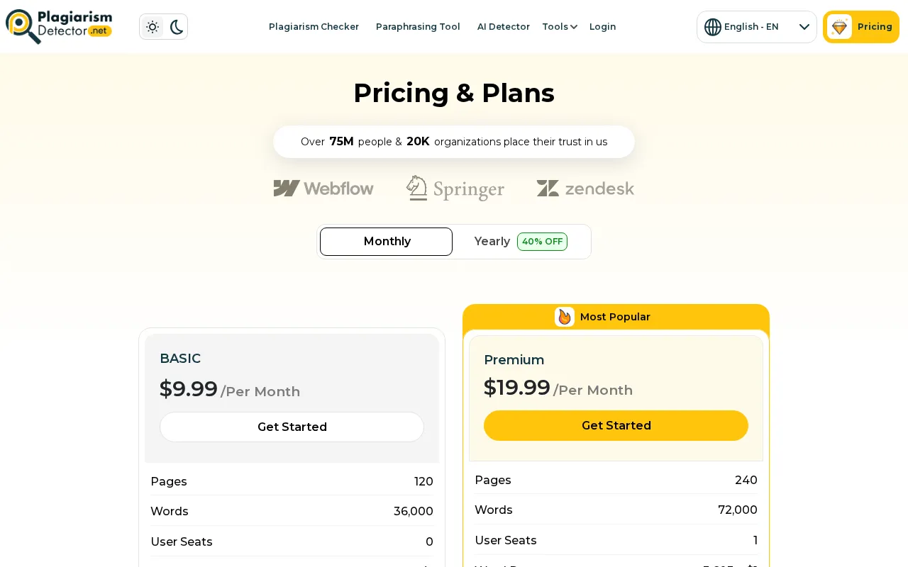 Plagiarismdetector.net — pricing page