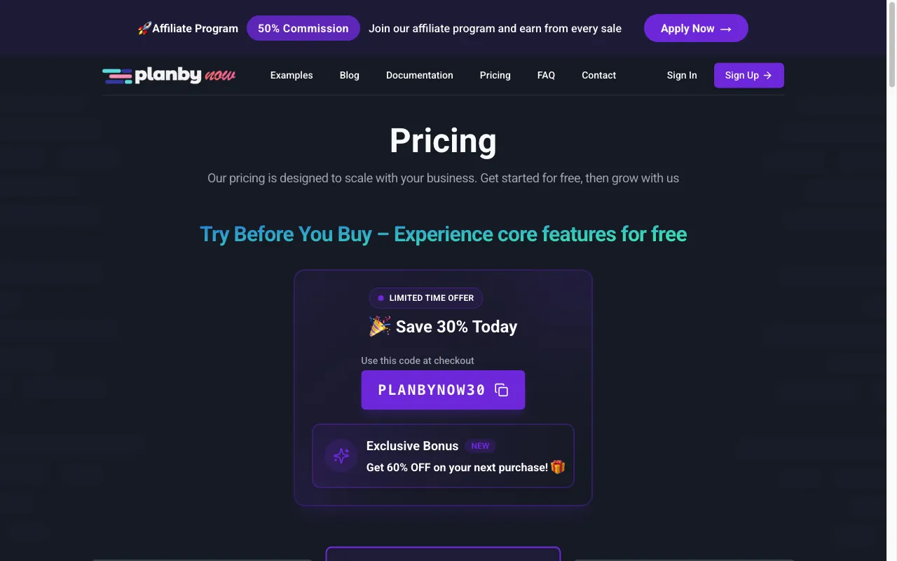 Planby Now — pricing page