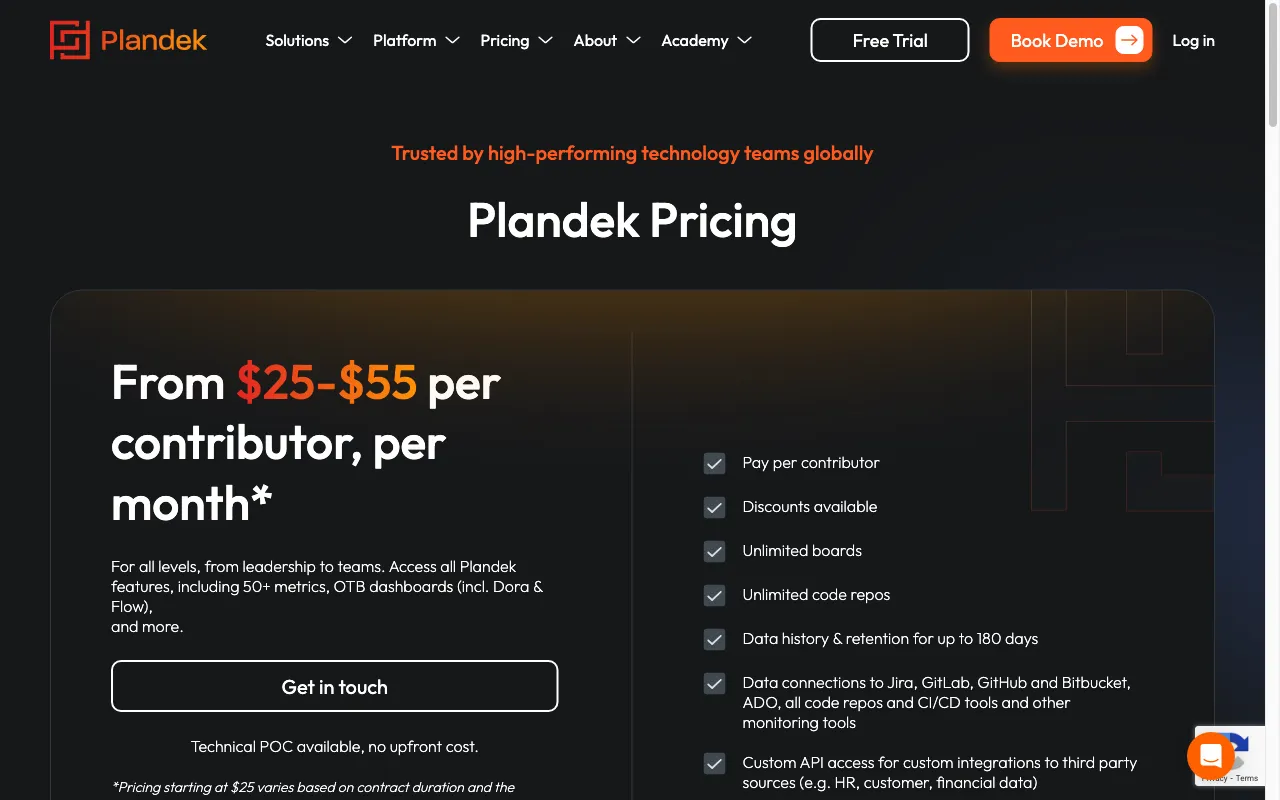 Plandek Intelligent Analytics — pricing page