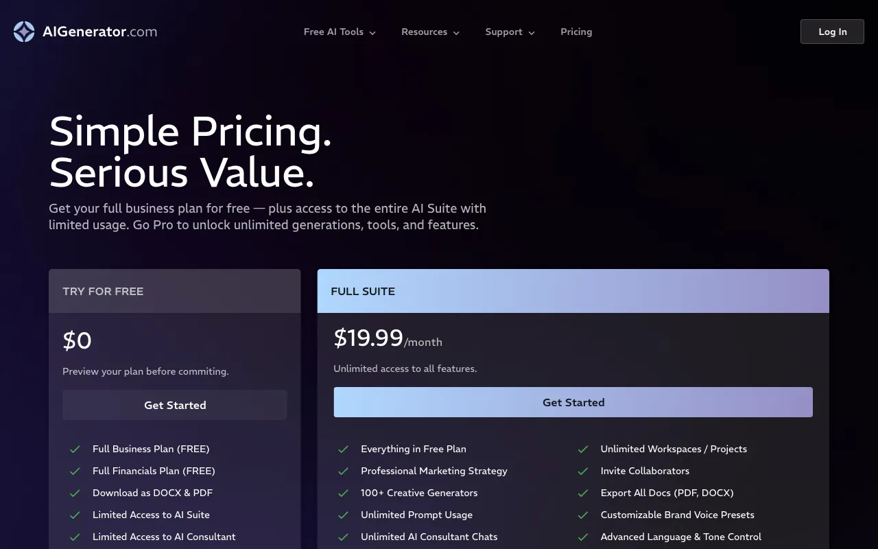AIGenerator.com — pricing page