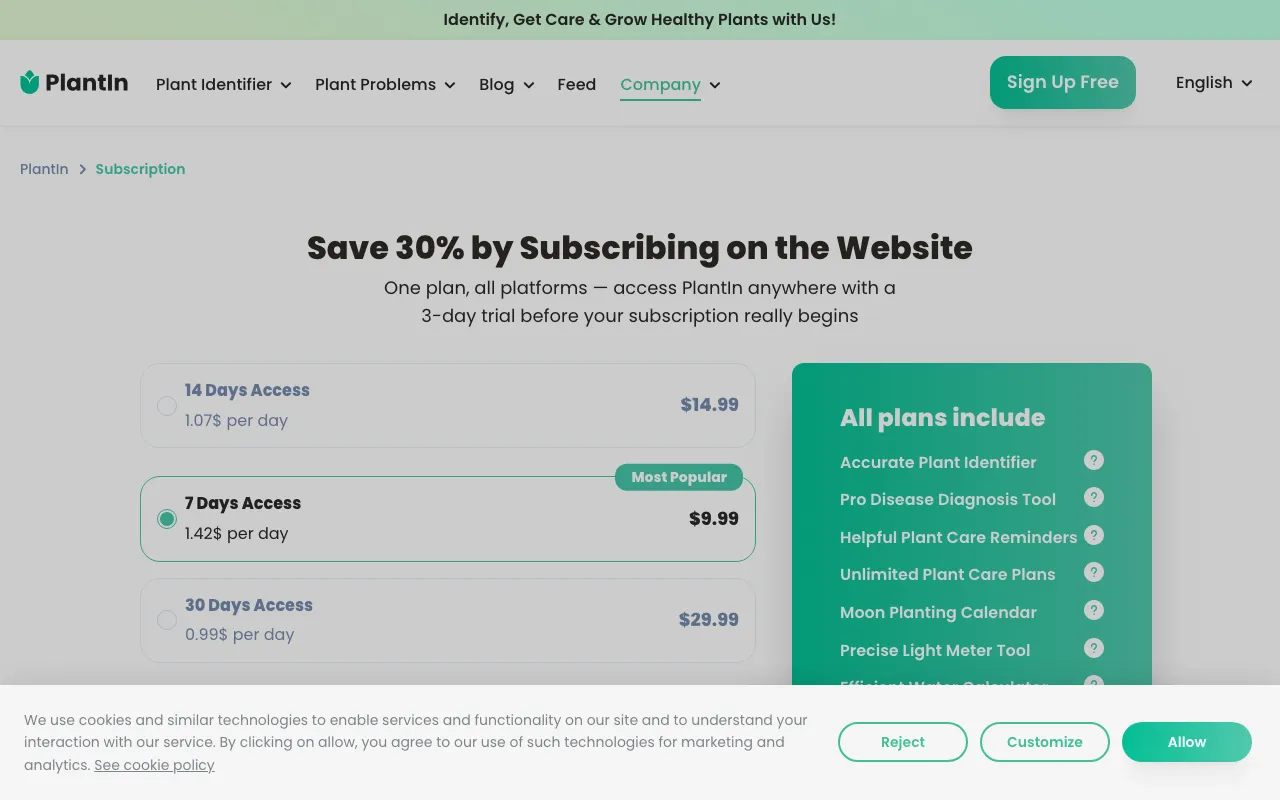 PlantIn plant care identifier — pricing page