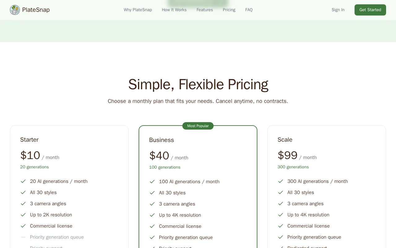 PlateSnap — pricing page