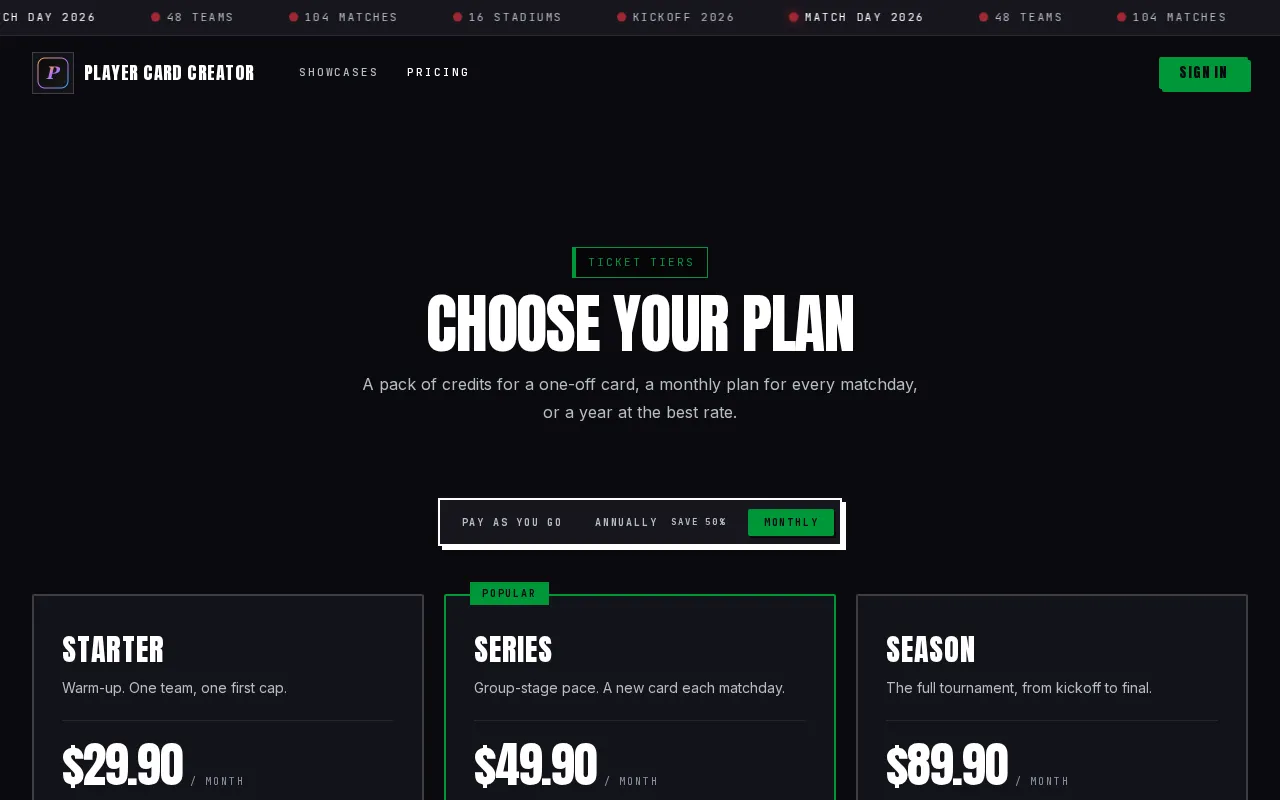 Player Card Creator — pricing page