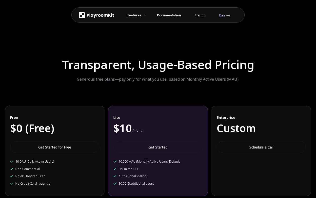 Playroom — pricing page